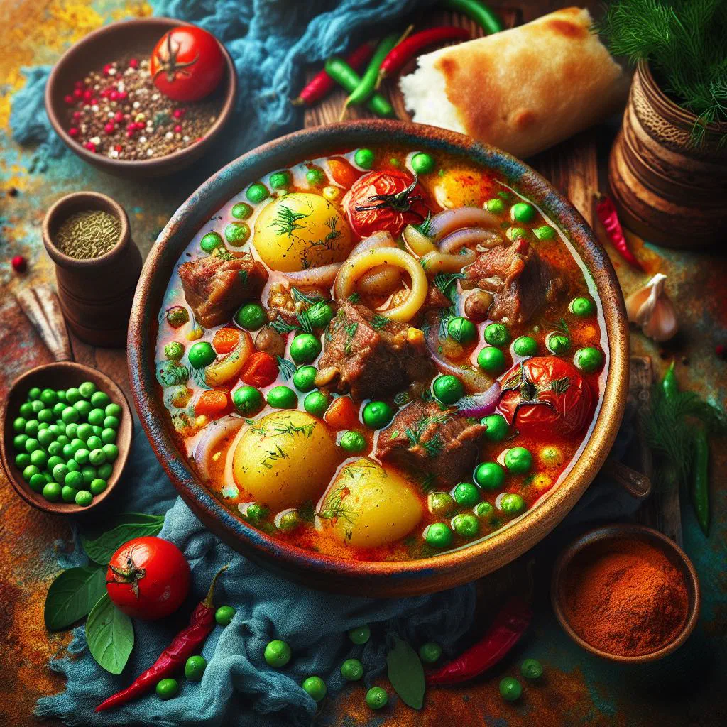 Bowl of Azerbaijani parcha-bozbash lamb stew scattered with fresh herbs