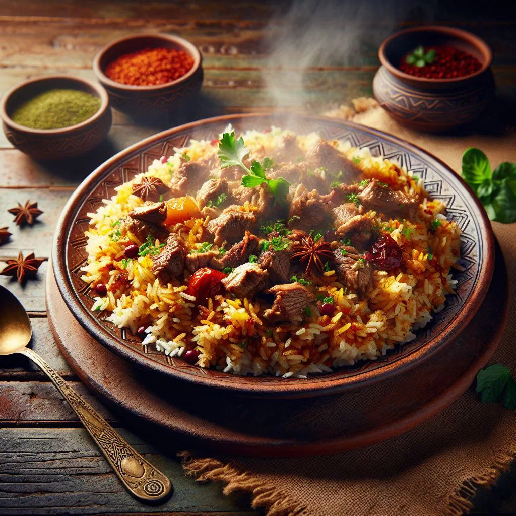 Qazmaq plov with golden crust, saffron rice and tender lamb