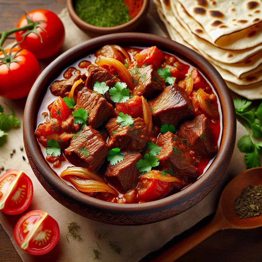 Braised qovurma meat with onions and fresh parsley in a rustic pan