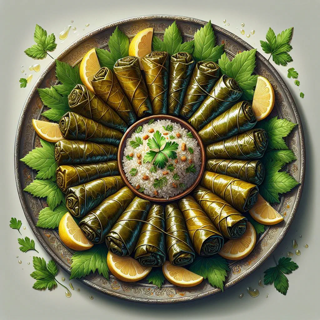 Stuffed vine leaves arranged on a plate with yoghurt and lemon