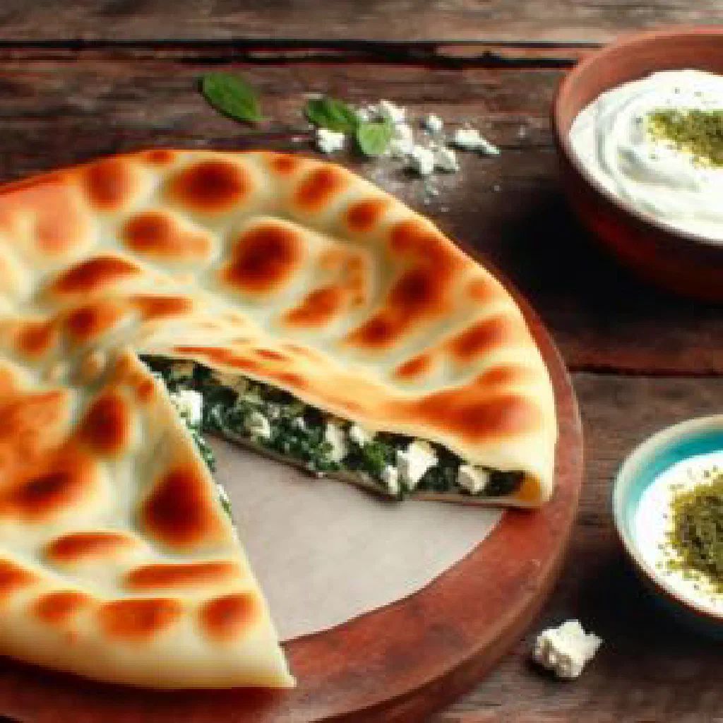 Golden-brown qutab flatbreads filled with herbs, served with yoghurt