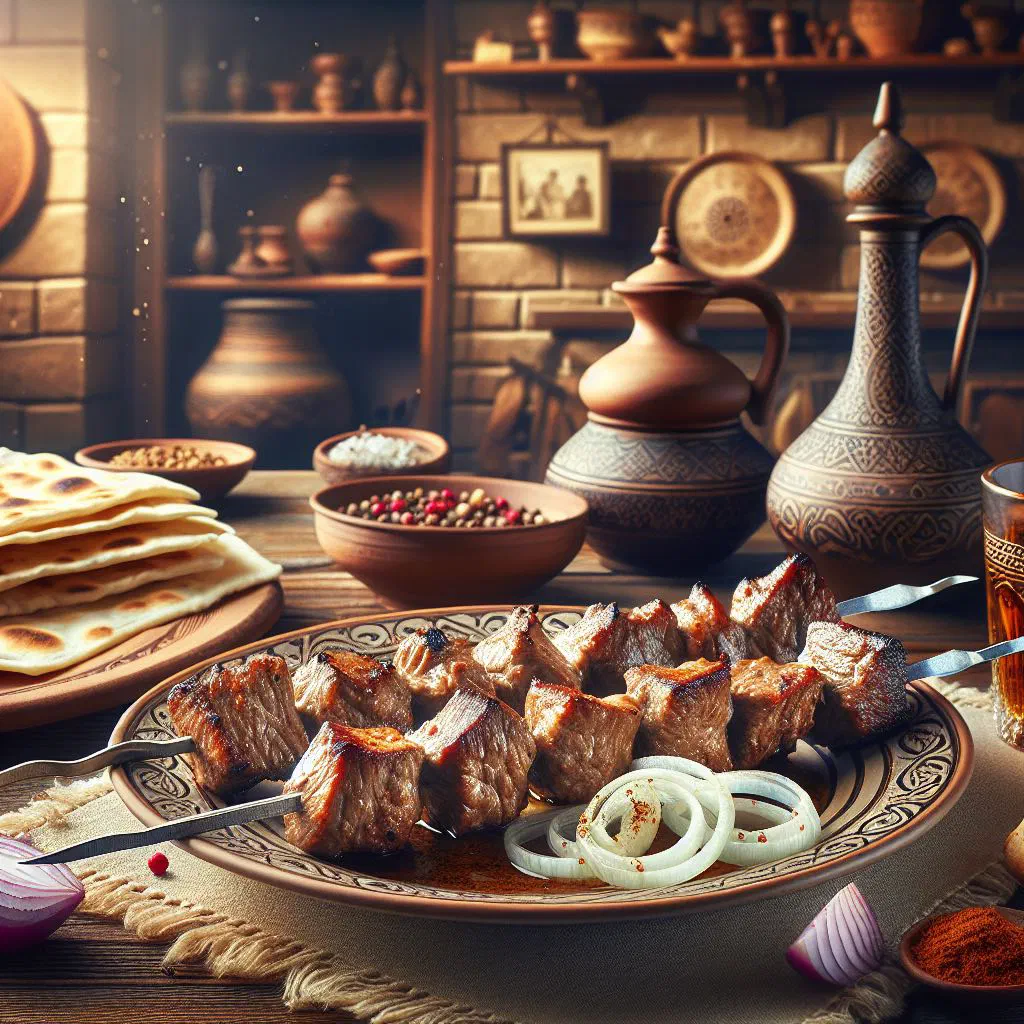Grilled shashlik skewers with marinated meat and charred peppers