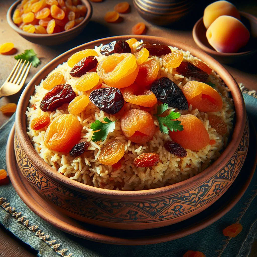 Sweet Azerbaijani şirin plov with rice, dried apricots, raisins and almonds
