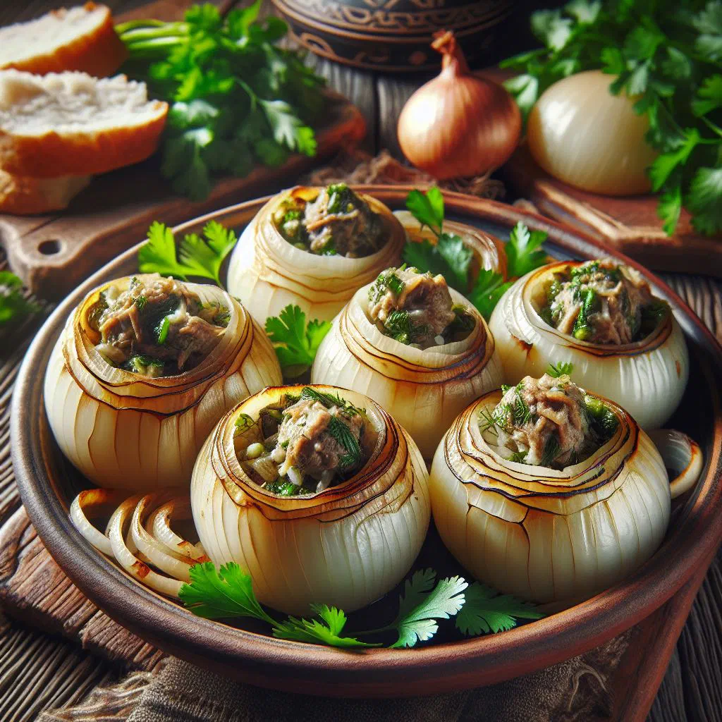 Stuffed onions filled with spiced rice and minced meat, garnished with fresh herbs