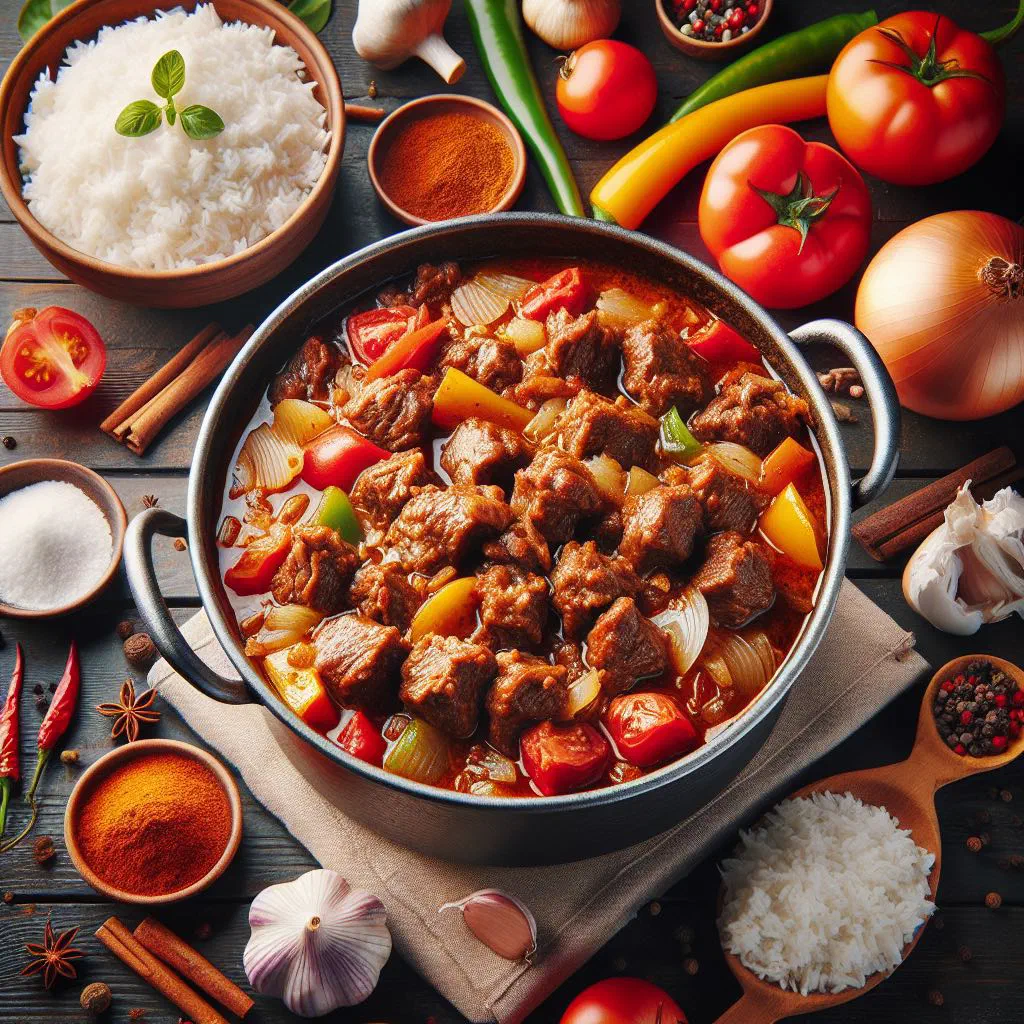 Ət qovurma, slow-braised meat with onions in a rich sauce