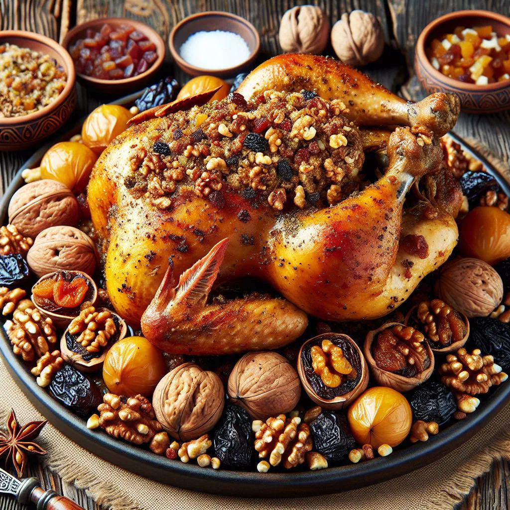 Roasted whole chicken stuffed with a walnut and onion filling, garnished with fresh herbs