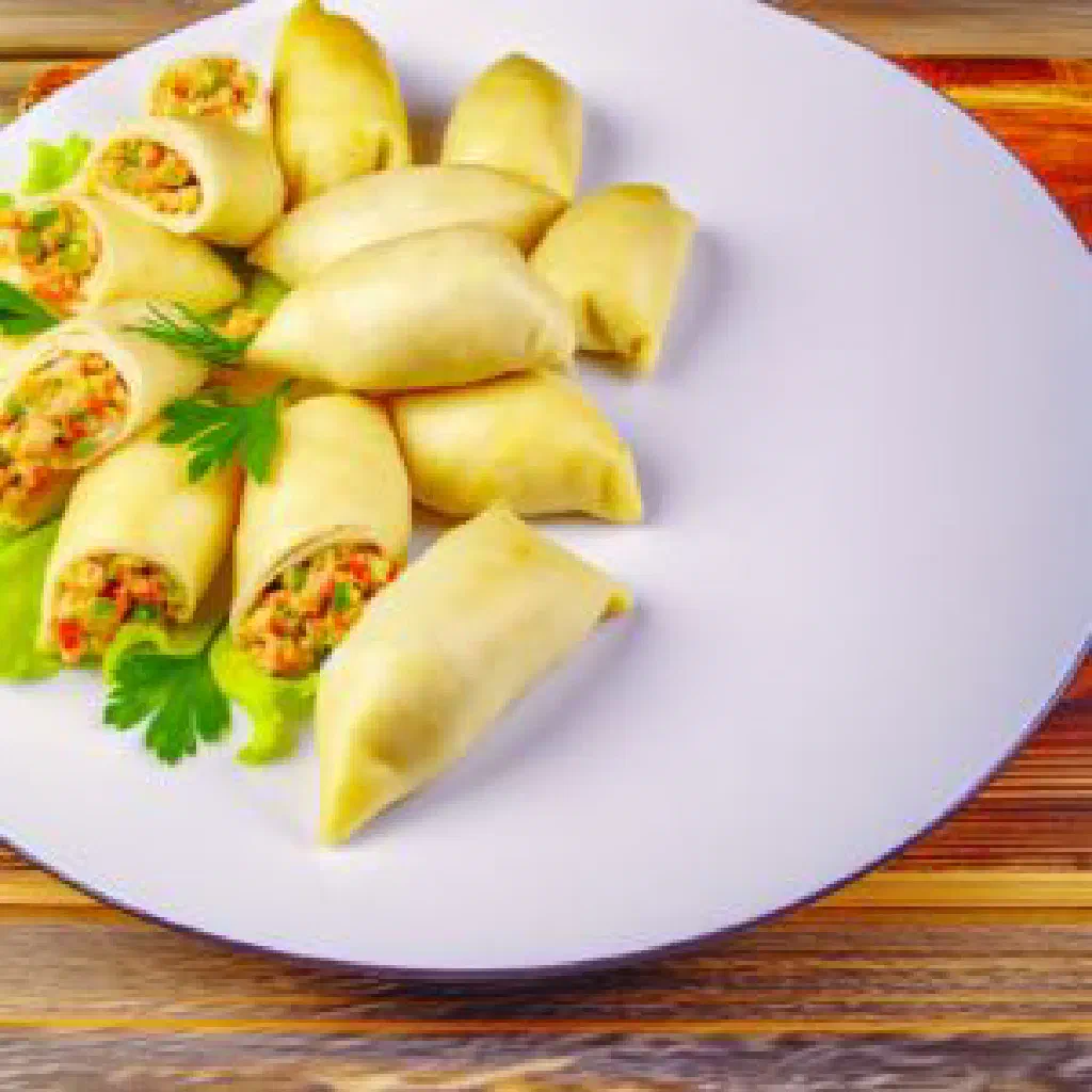 Golden baked xengel pastry rolls filled with spiced minced meat