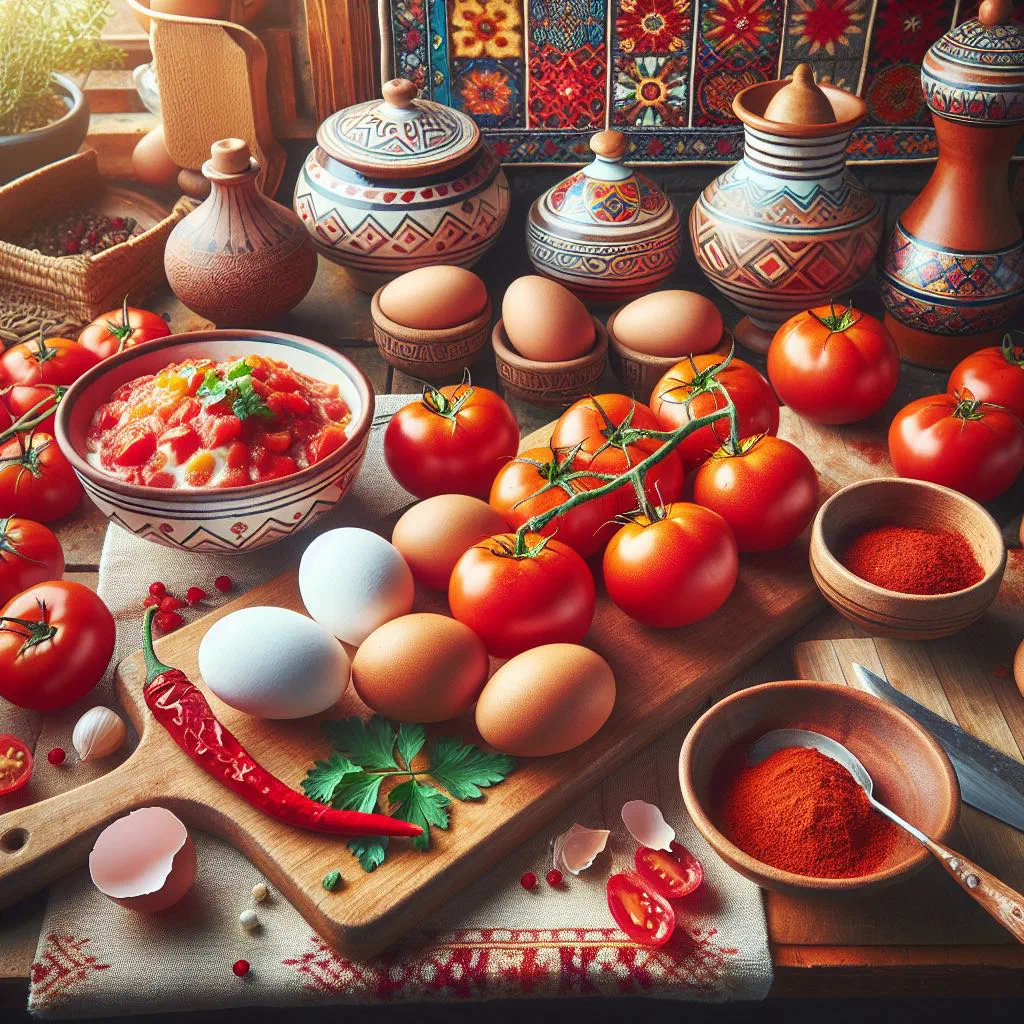 Yumurta pomidor: scrambled eggs with tomatoes in a pan, scattered with fresh herbs