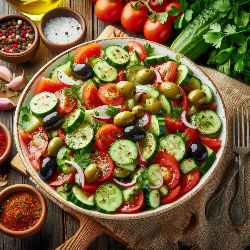 Azerbaijani olive salad with green olives, tomatoes, red onion and crumbled feta