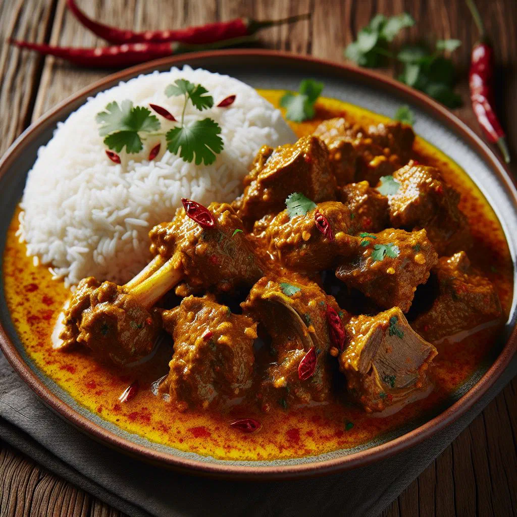 Bahamian curry mutton simmered in coconut sauce, served with rice and coriander