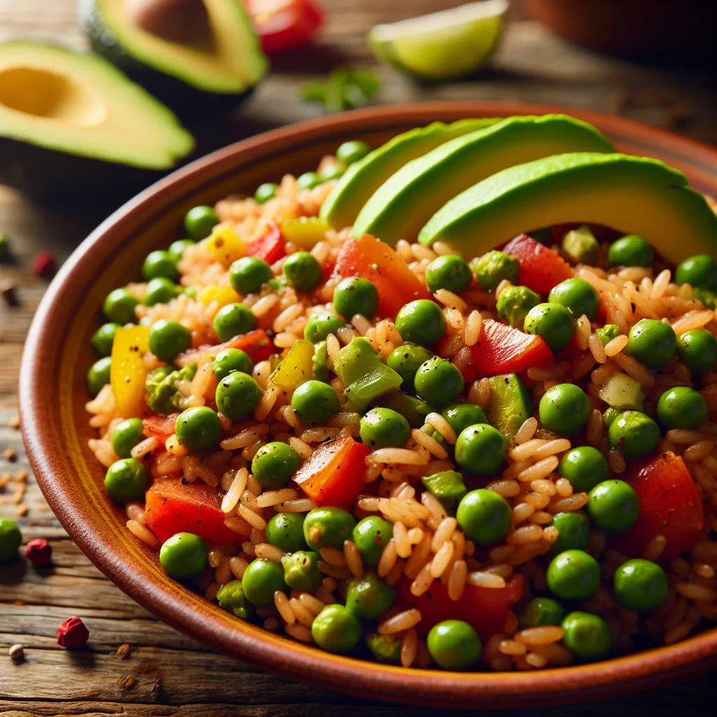 A bowl of Bahamian peas and rice garnished with fresh thyme