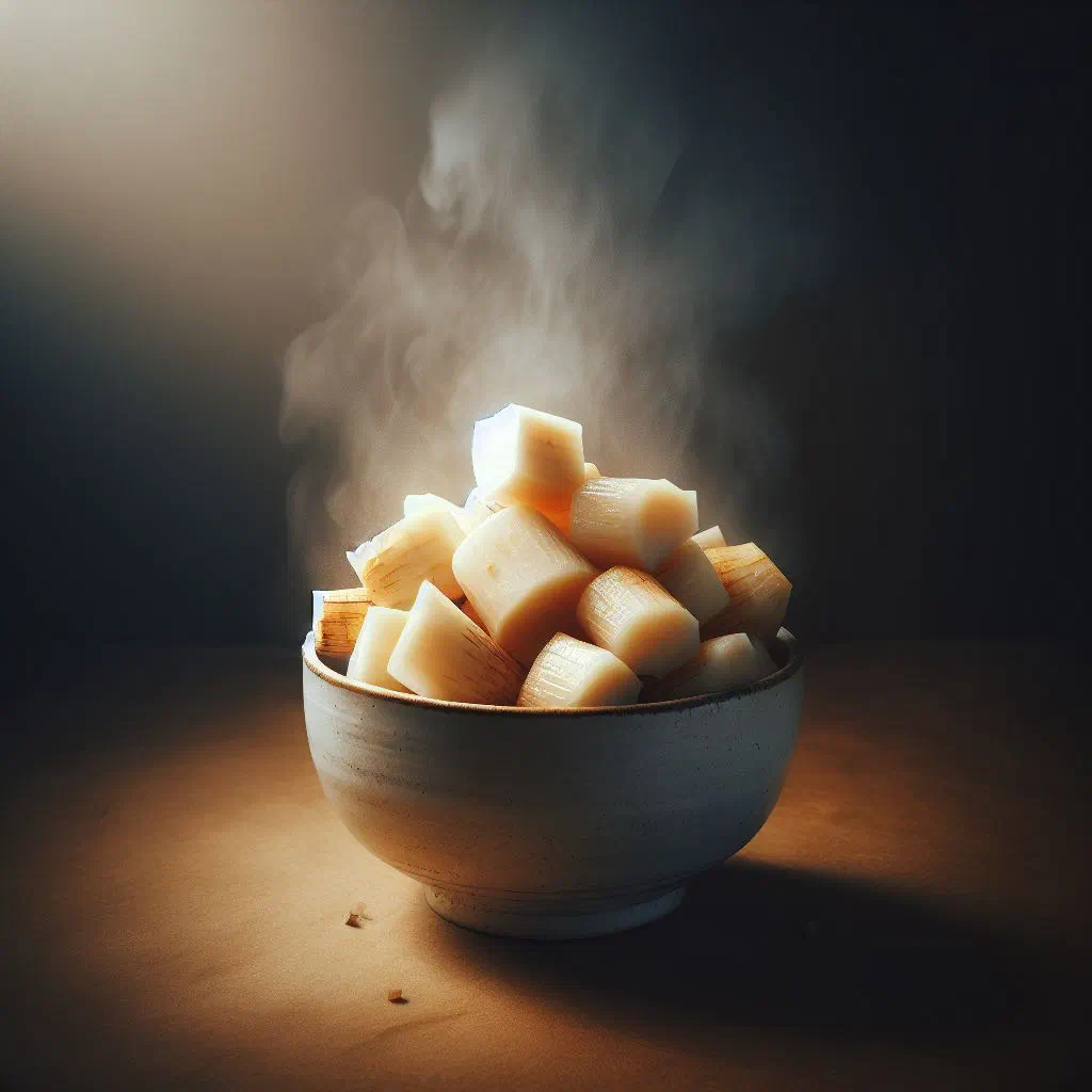 Bowl of boiled cassava pieces dressed with butter and fresh herbs