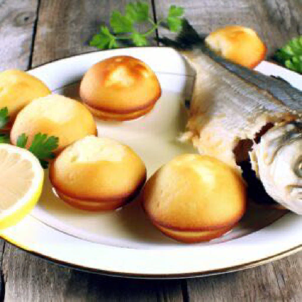 Bahamian boiled fish with a wedge of golden Johnny Cake and lime
