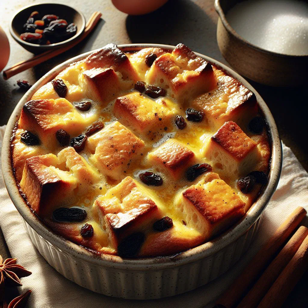 Warm Bahamian bread pudding with raisins and vanilla sauce