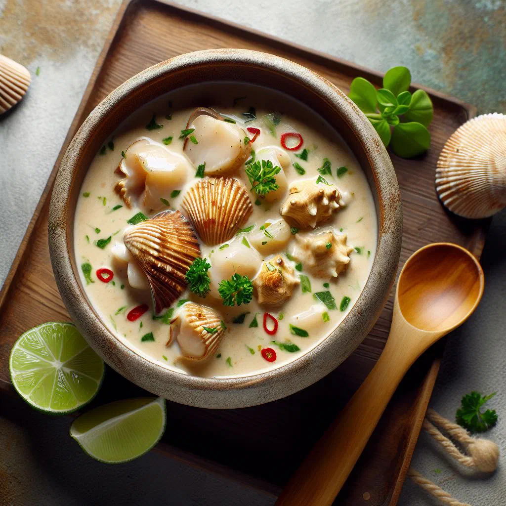 A bowl of creamy coconut conch chowder garnished with fresh coriander