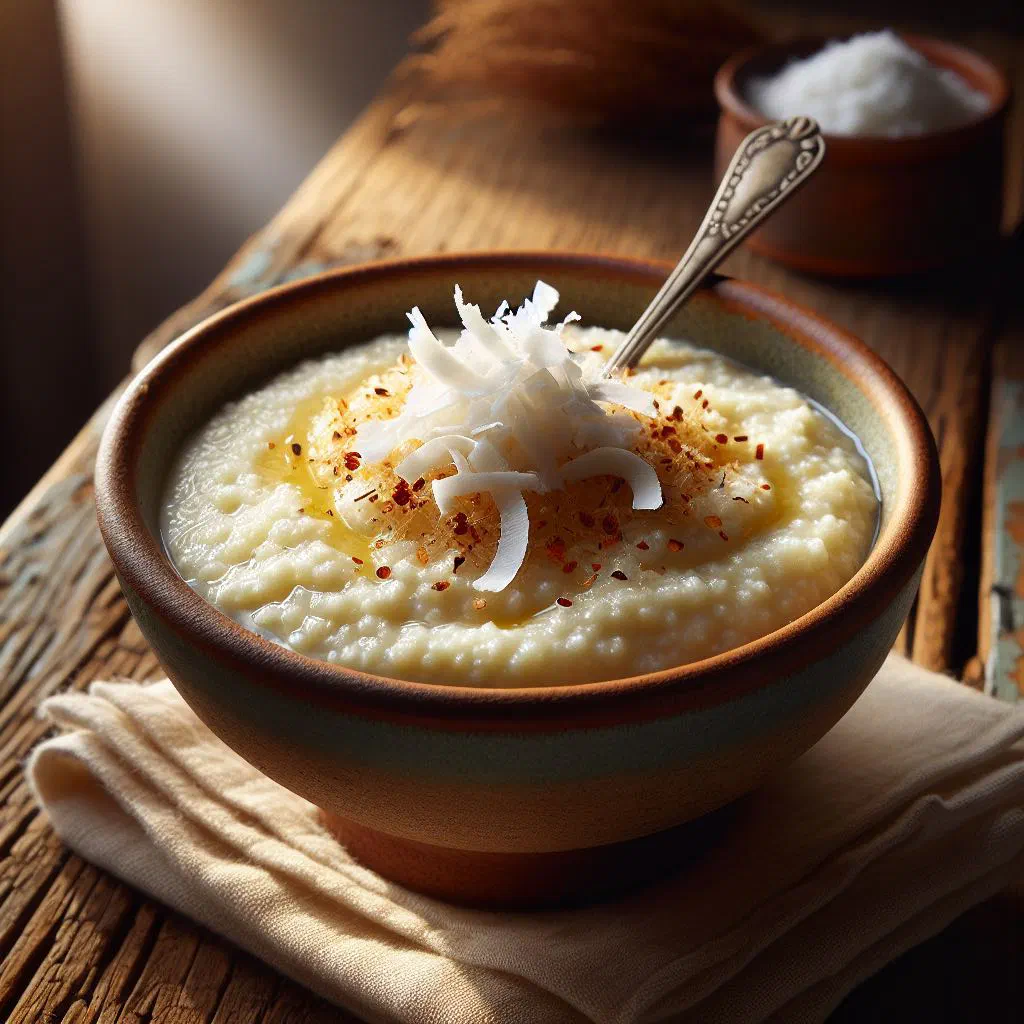 A creamy bowl of coconut grits topped with fresh fruit
