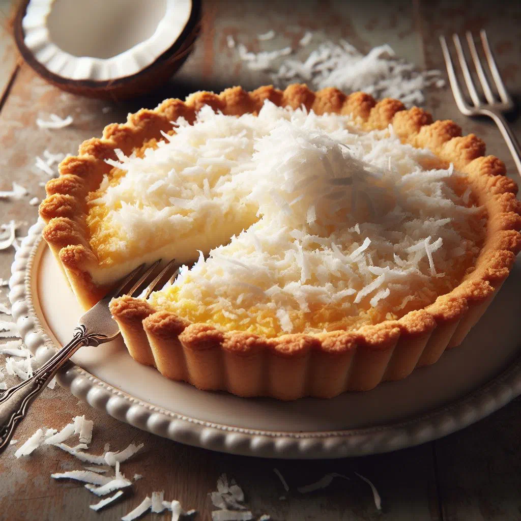 Golden baked coconut tart with a crisp biscuit crust