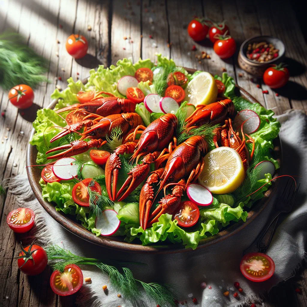 Fresh crawfish salad with bell pepper, sweetcorn and lime