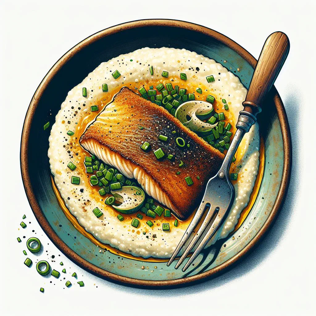 Pan-fried fish served over creamy grits with fresh herbs