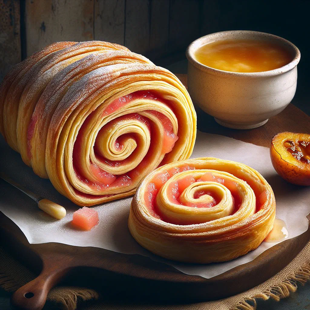 Sliced guava duff swirled with fruit and topped with vanilla sauce
