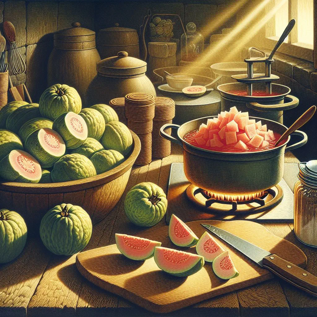 A jar of deep pink guava jam with fresh guavas alongside