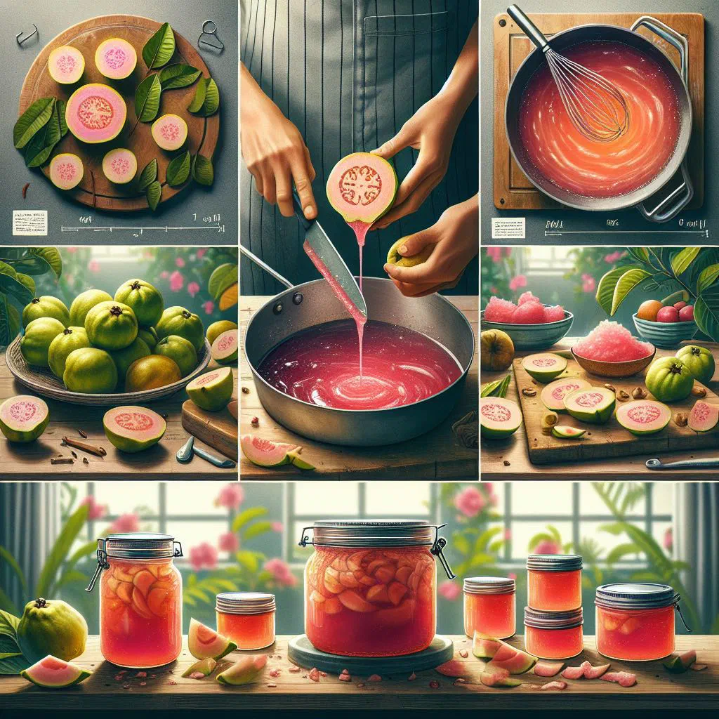 Jars of glossy pink guava jelly with fresh guavas