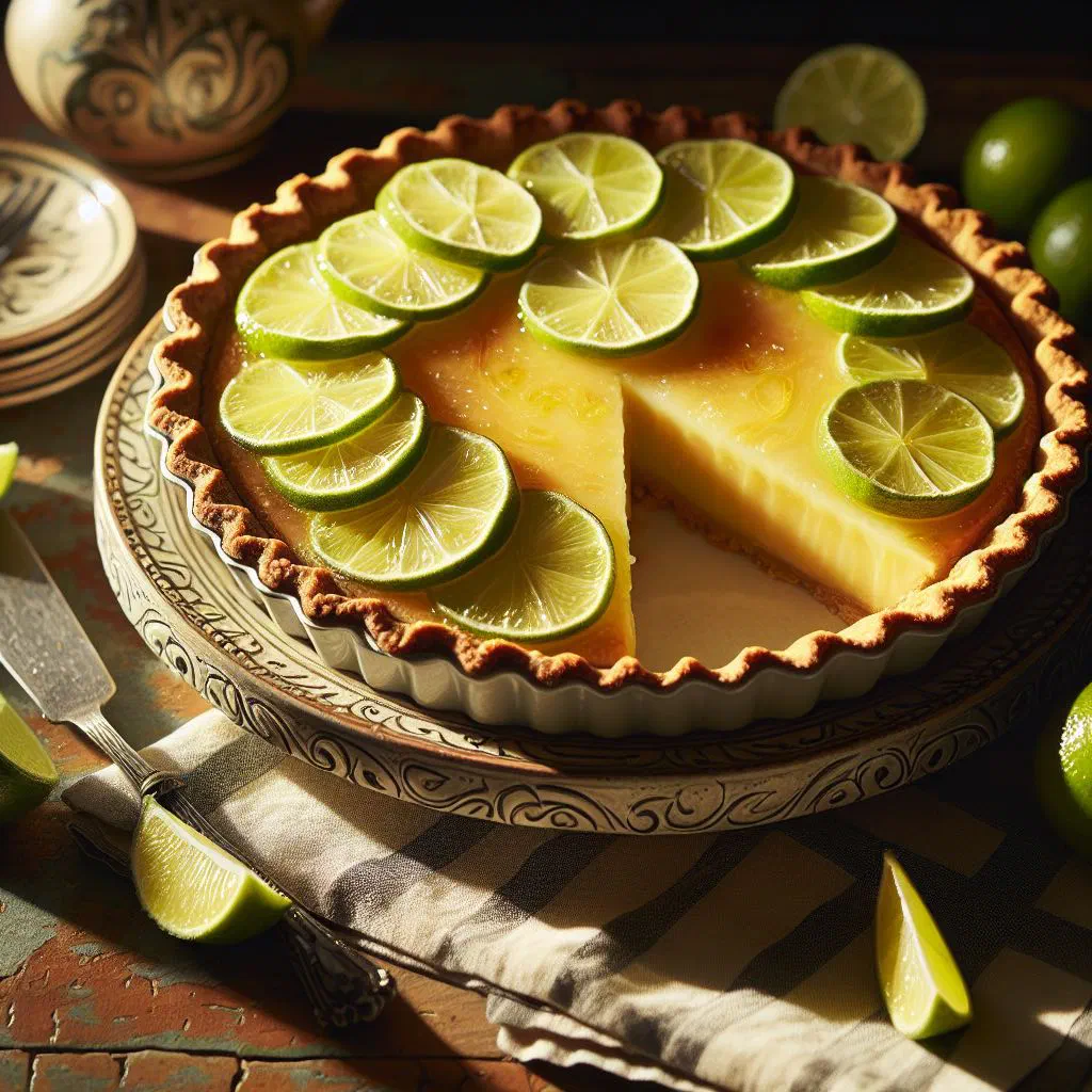 A slice of key lime pie topped with whipped cream and fresh lime
