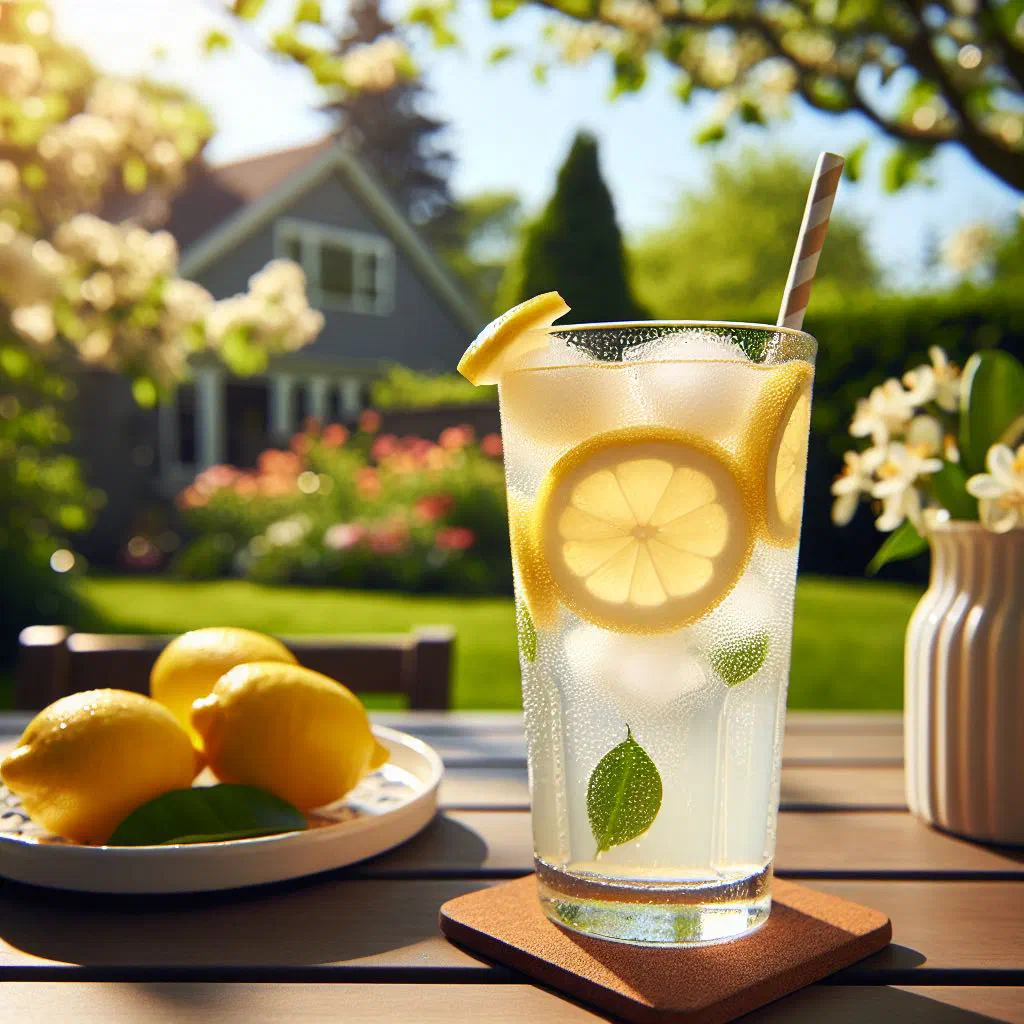 A tall glass of Bahamian lemonade with lemon slices, mint and ice