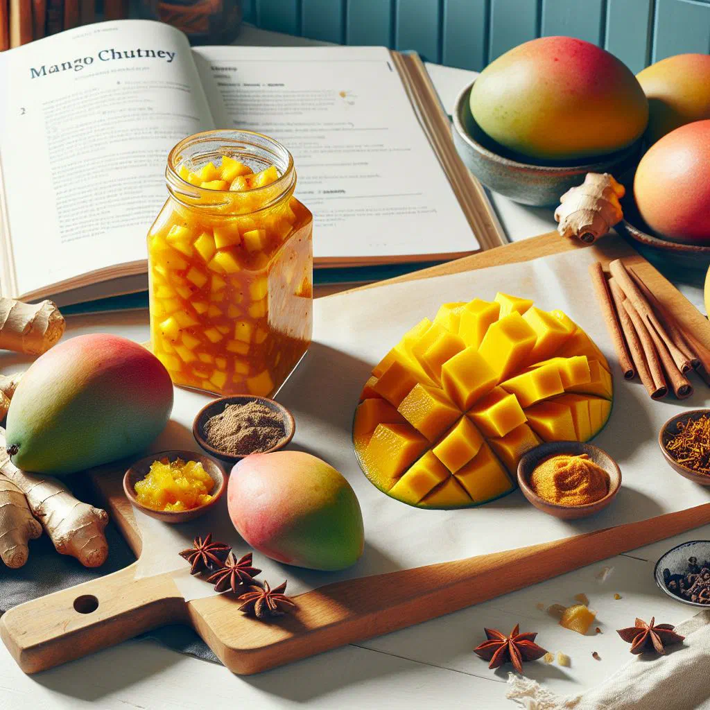 A bowl of golden mango chutney studded with spices and chilli