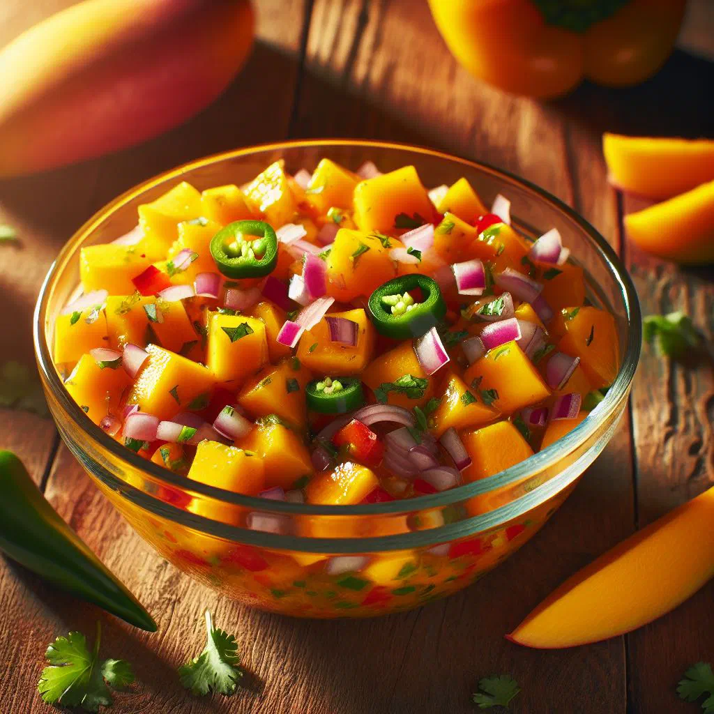 Bowl of fresh mango salsa with red onion, jalapeño and coriander