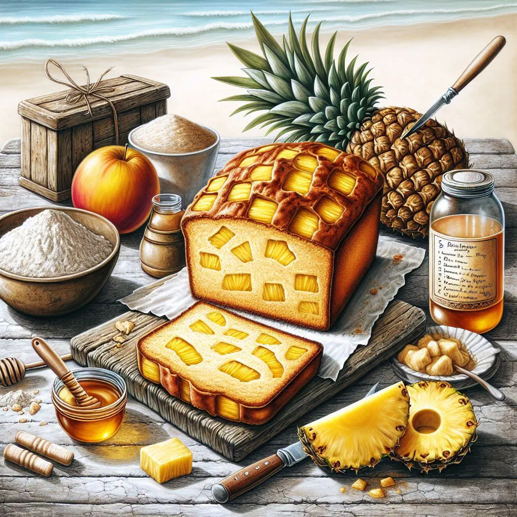 Sliced golden pineapple bread on a wooden board