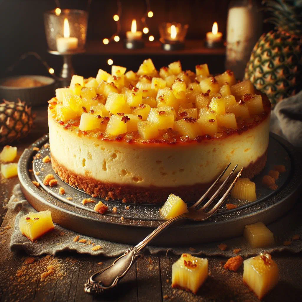 Slice of creamy pineapple cheesecake on a biscuit base topped with fresh pineapple