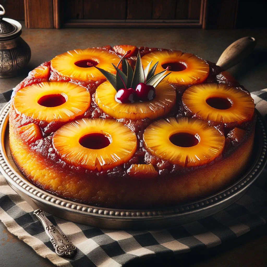Golden pineapple upside-down cake with caramelised pineapple topping