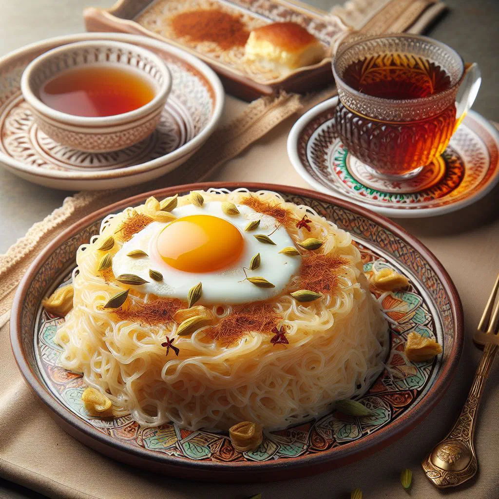 Sweet saffron vermicelli topped with a folded omelette