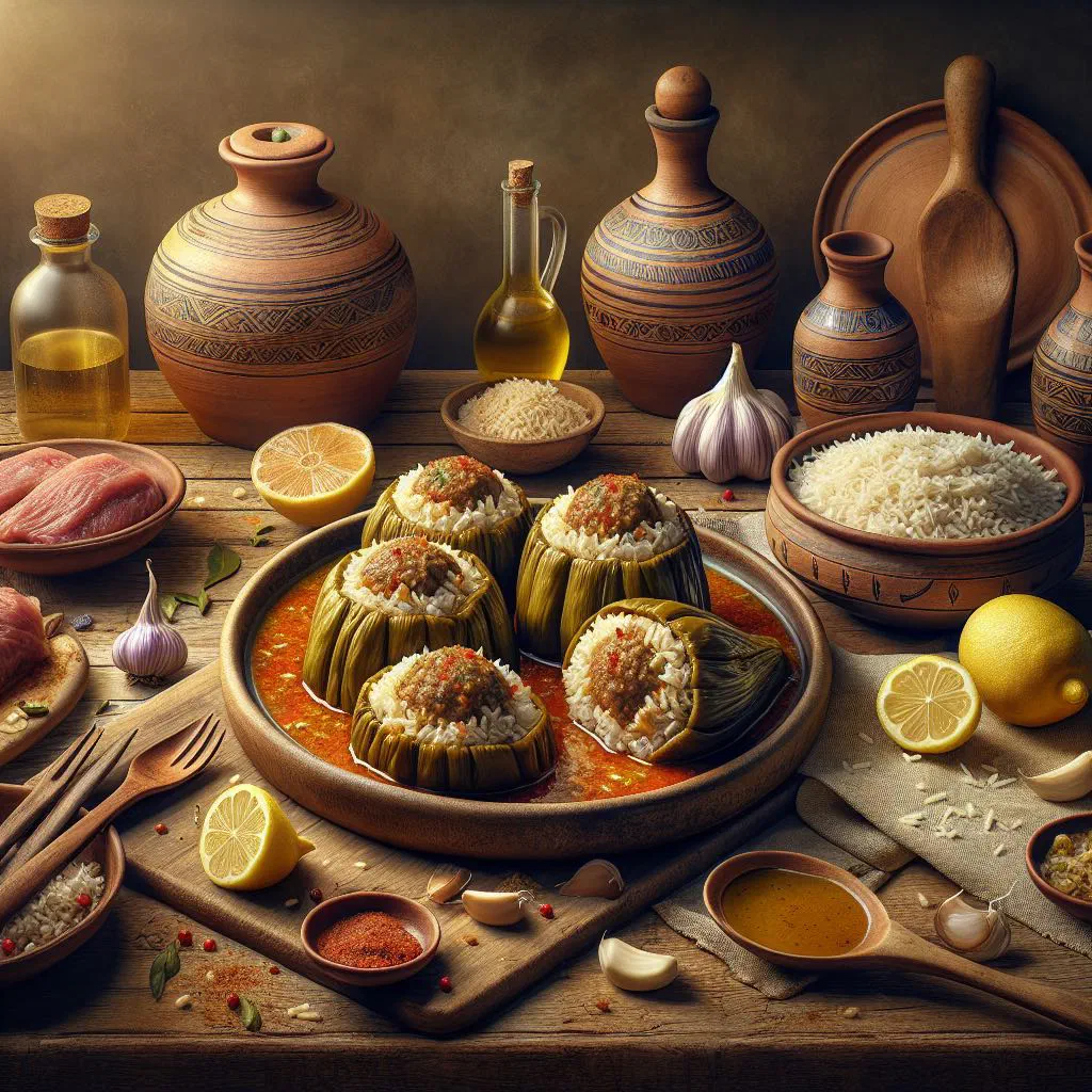 Al-Mahshi stuffed vegetables filled with spiced rice and meat, garnished with fresh herbs