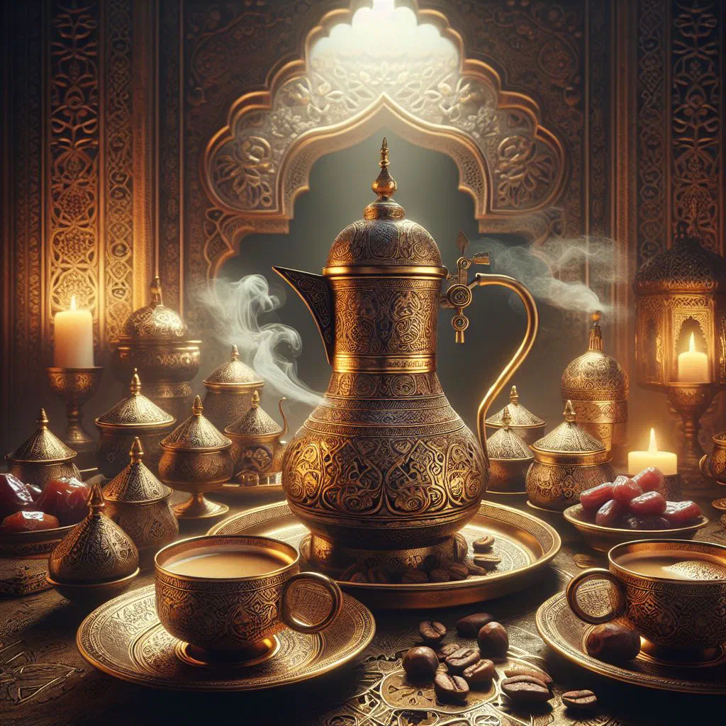 Arabic coffee served in a traditional dallah pot with small handleless cups