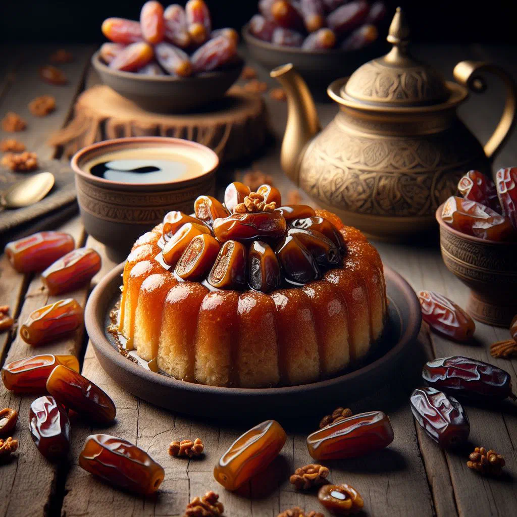 Bahraini date cake dusted with icing sugar, sliced and ready to serve