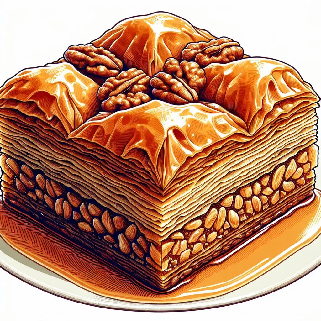Golden baklava cut into diamonds and drizzled with honey syrup