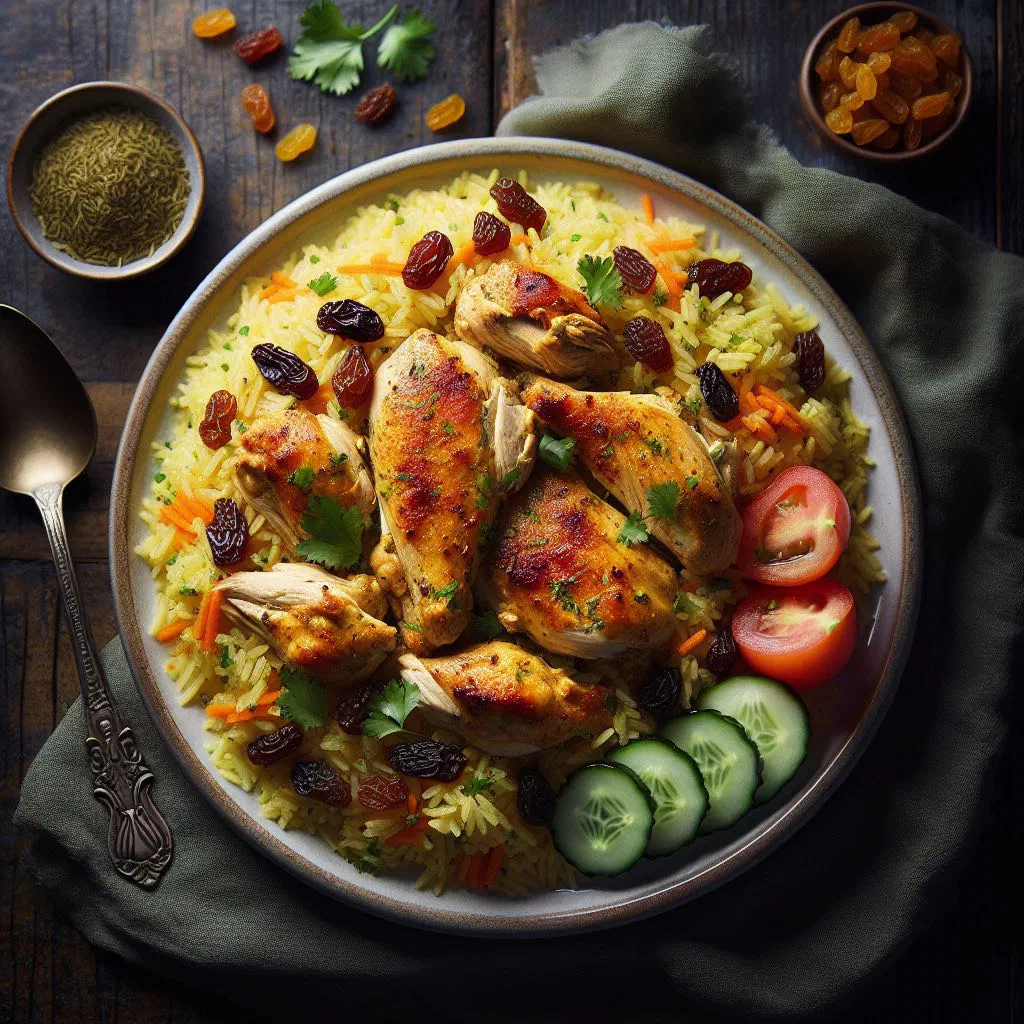 Chicken kabsa with spiced basmati rice on a large platter