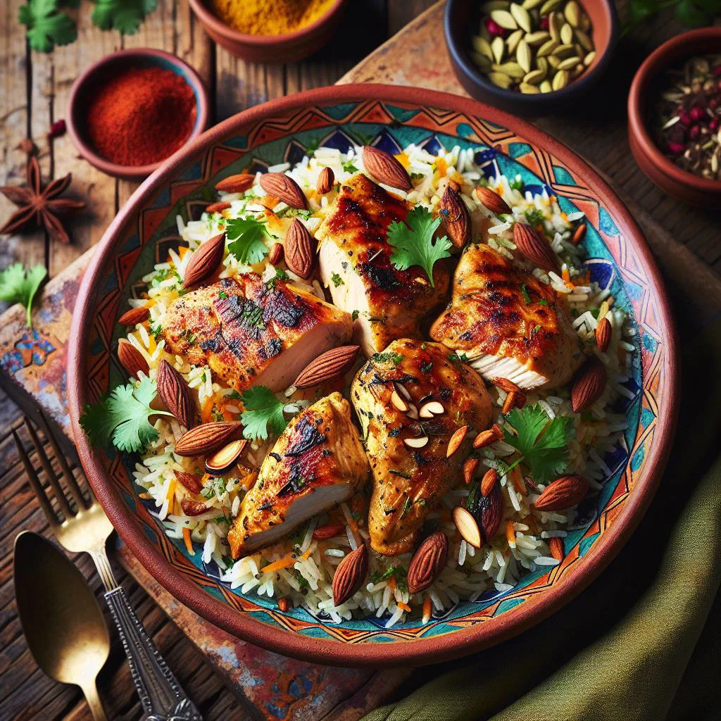 Chicken majboos with spiced basmati rice garnished with fresh herbs