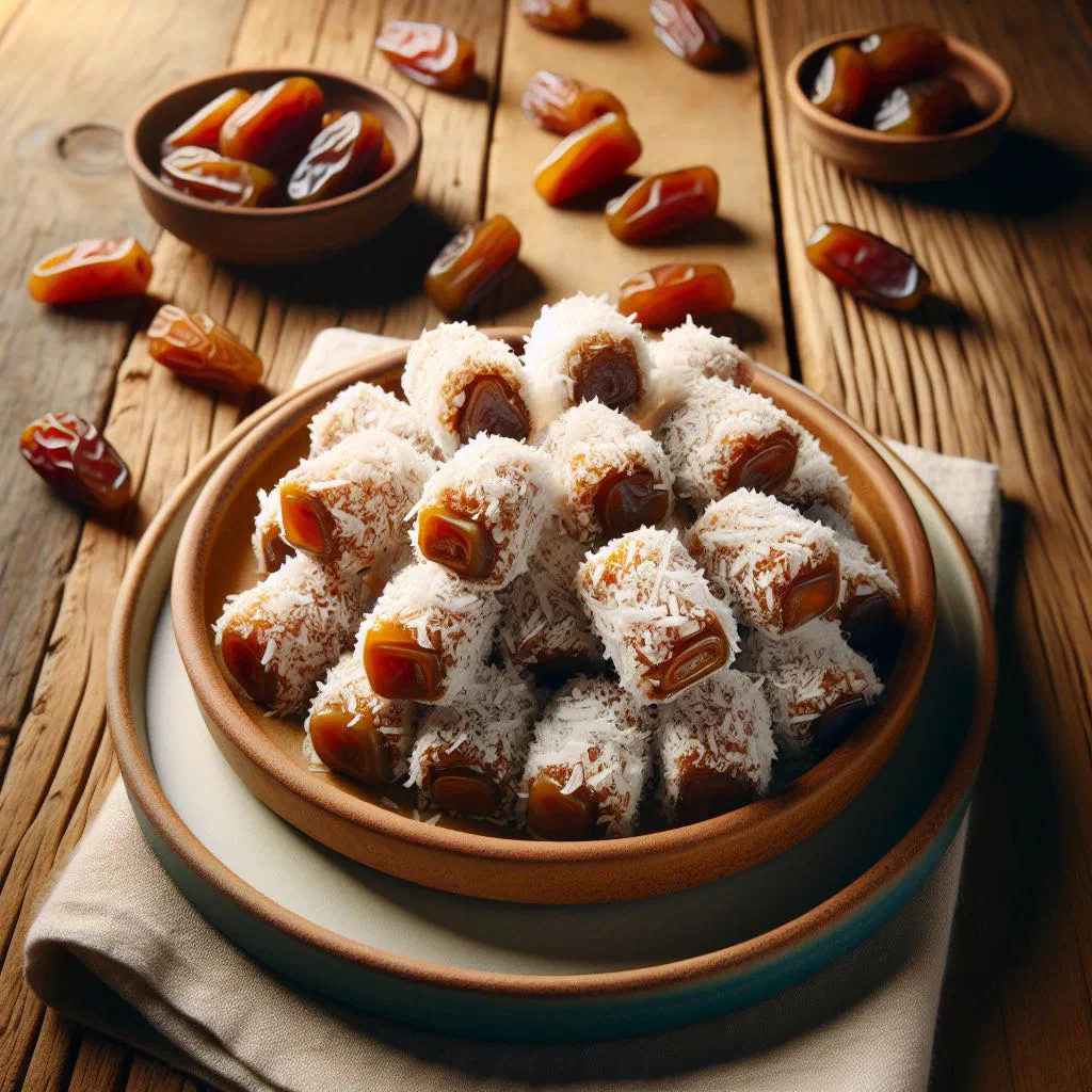 Coconut date rolls dusted with desiccated coconut on a plate