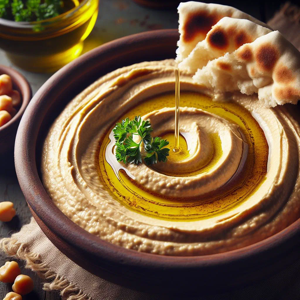 Bowl of creamy hummus drizzled with olive oil and dusted with paprika