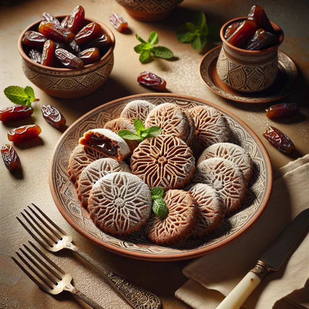 Date maamoul cookies dusted with icing sugar on a serving plate