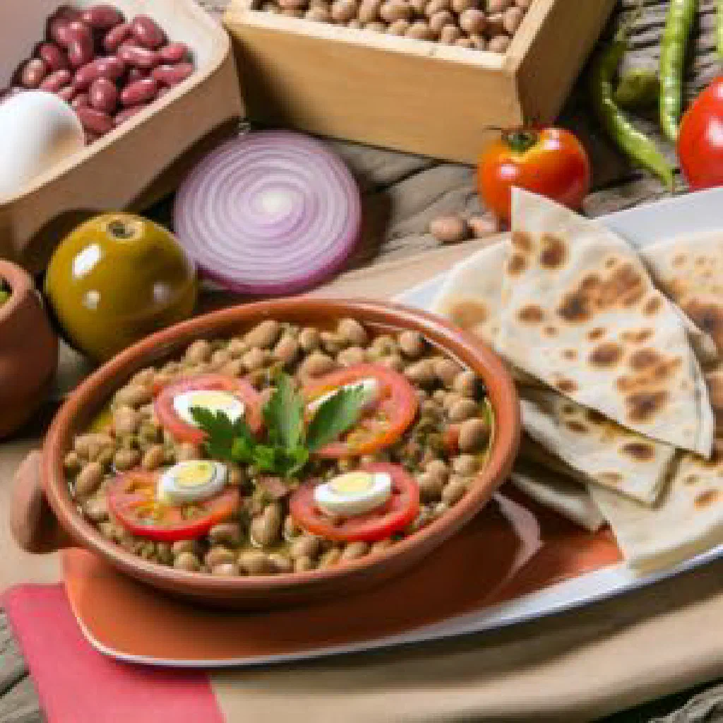 Bowl of foul medames topped with olive oil, chopped onion and fresh herbs