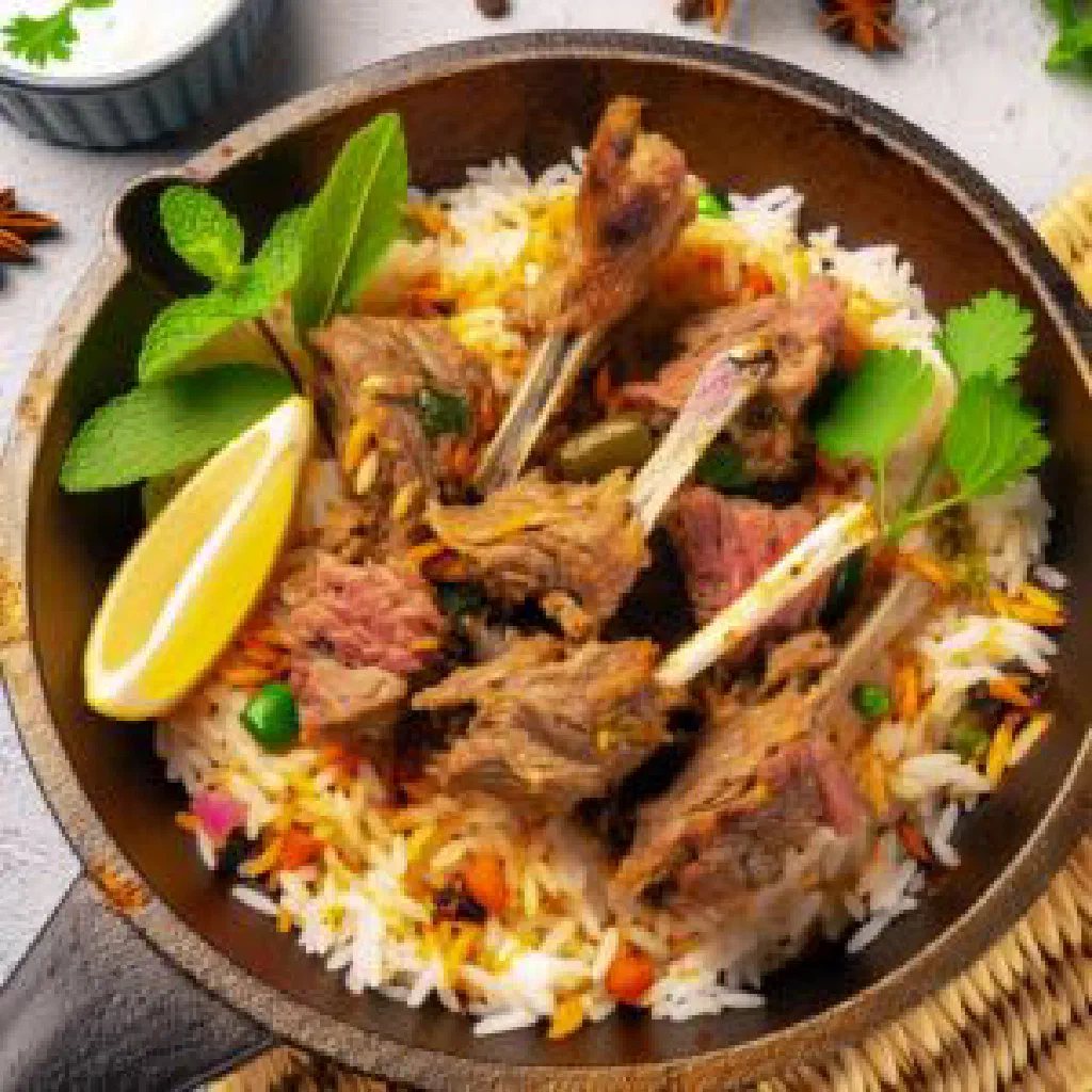 Bahraini gabout with tender spiced lamb and fluffy rice, garnished with fresh herbs