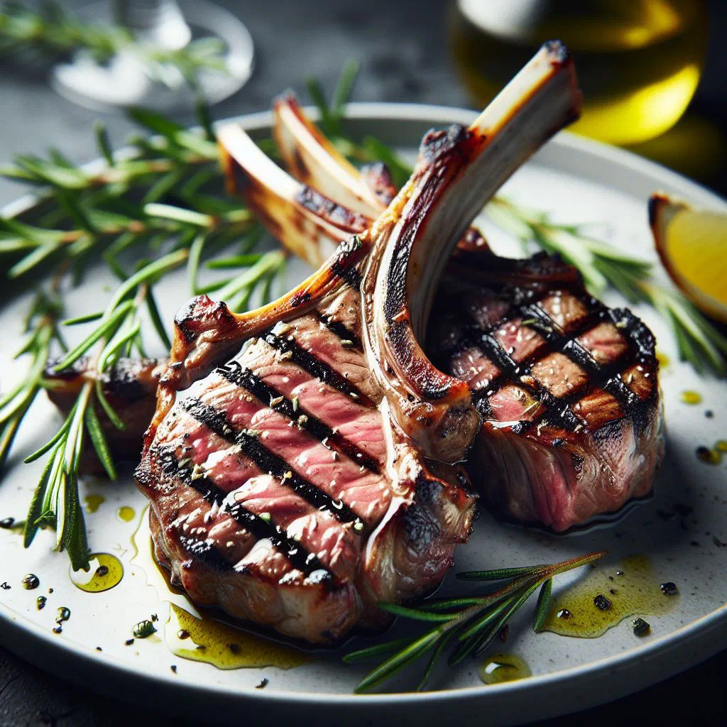 Grilled lamb chops garnished with fresh herbs and lemon