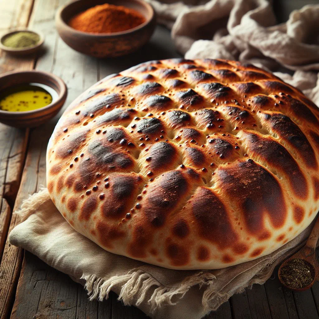 Freshly baked Khubz Tannour flatbread with a golden, blistered crust