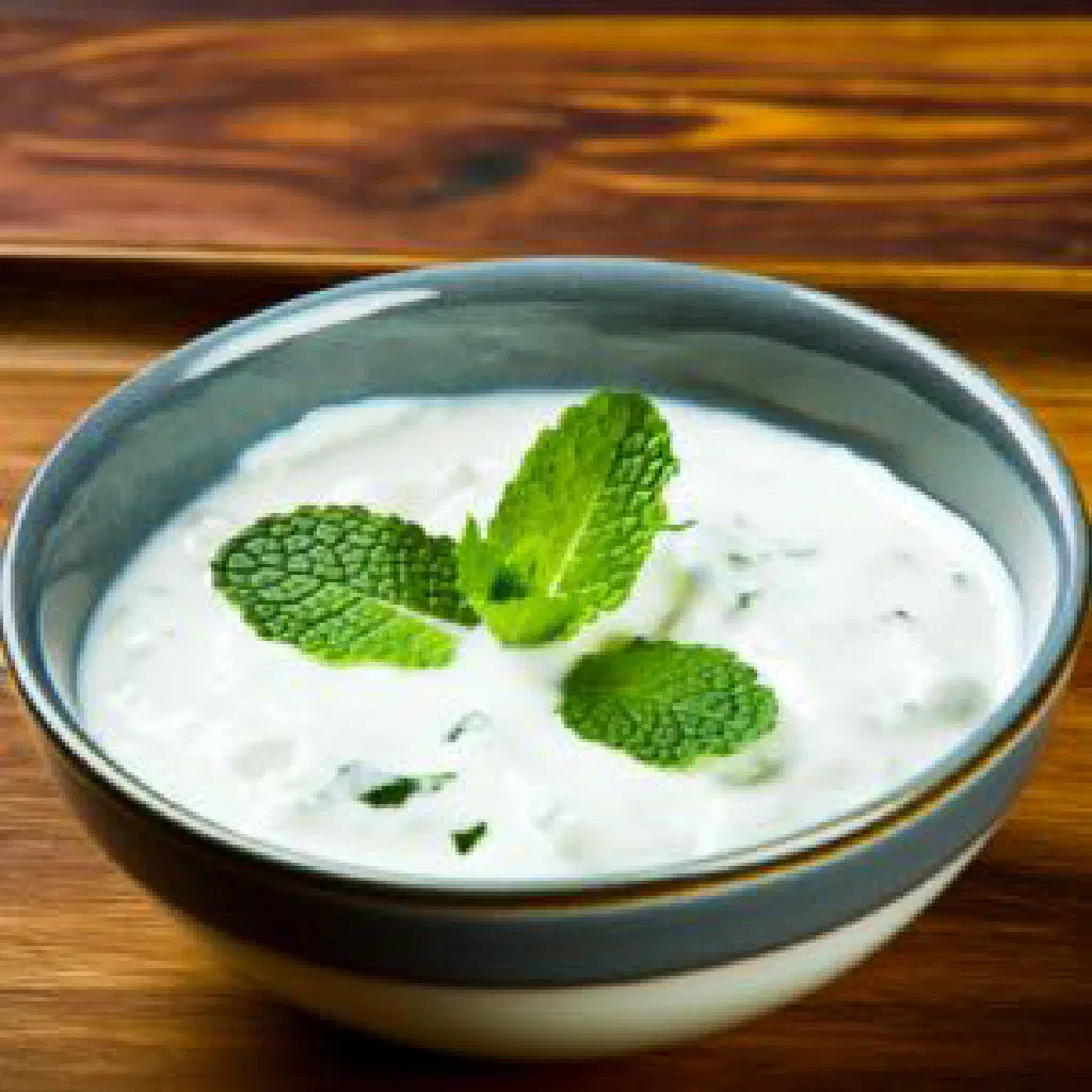 A chilled glass of laban yoghurt drink garnished with fresh mint