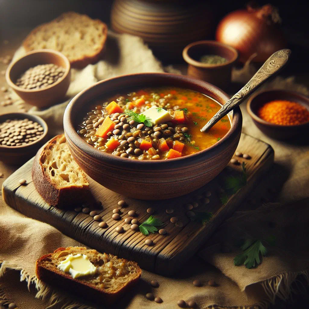 Bowl of Bahraini red lentil soup garnished with fresh coriander