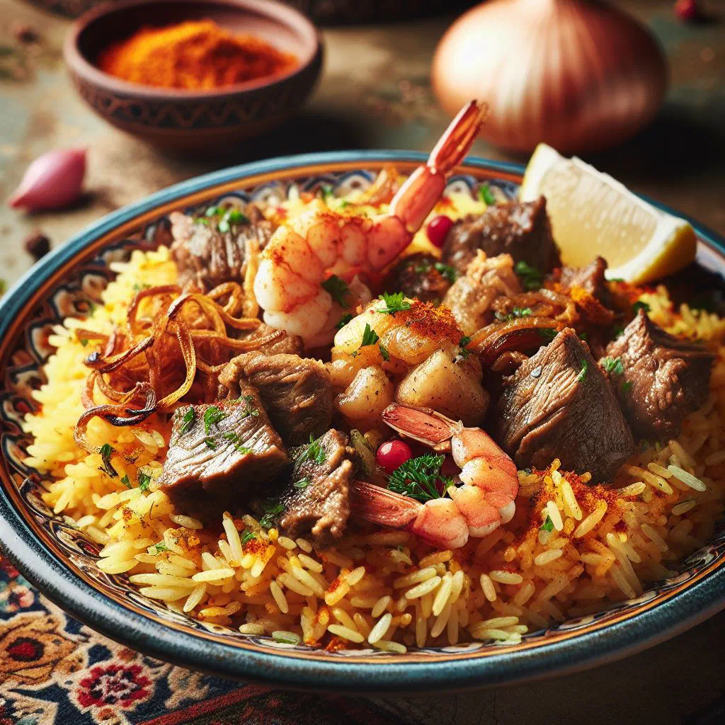 Machbous with spiced basmati rice and tender lamb garnished with fresh coriander